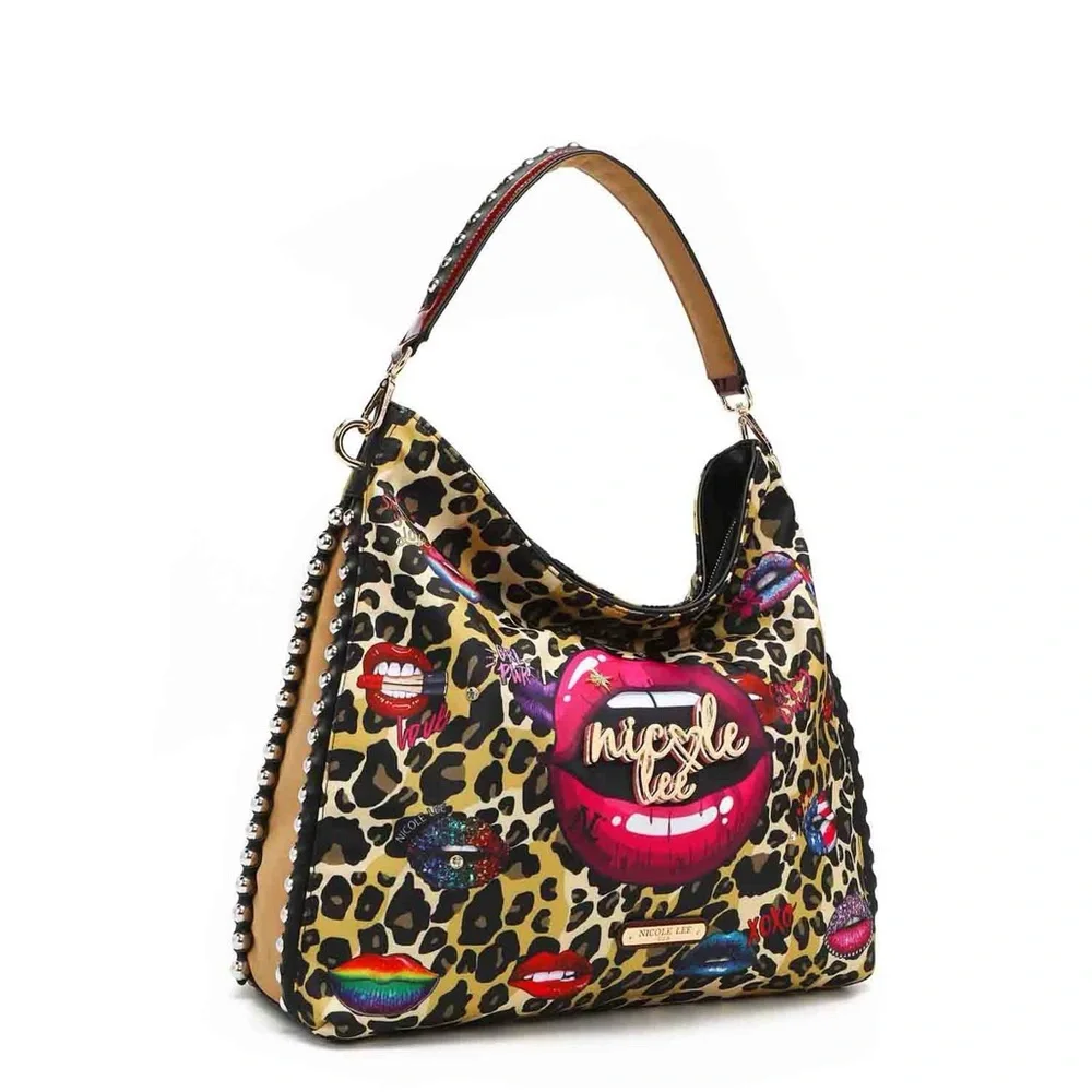 Nicole Lee Multicolor Lips and Leopard Hobo Bag